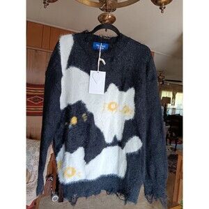Elfric Eden XL Fuzzy Cat Sweater Distressed Oversize Streetwear Black White NWT